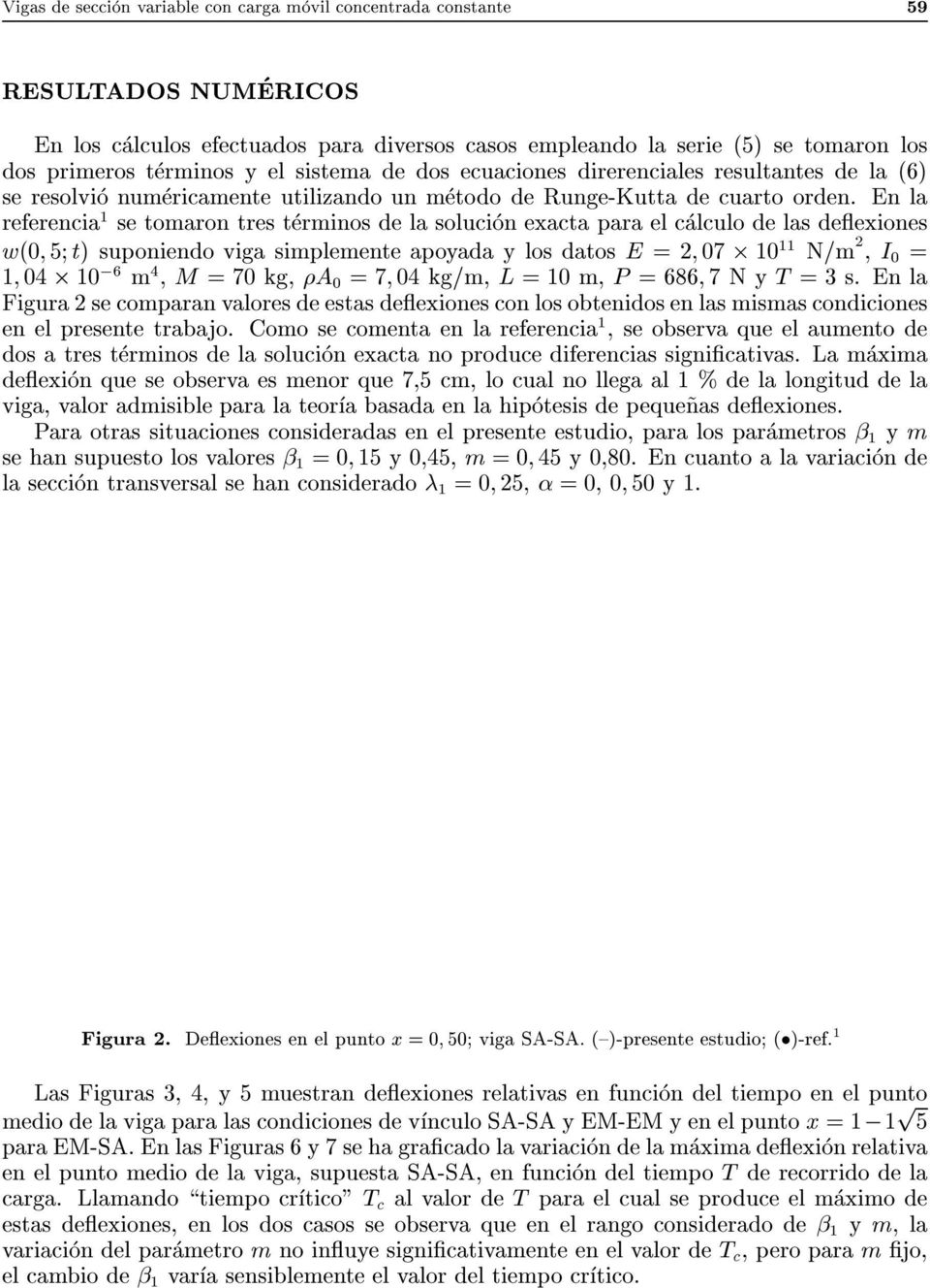 En la referencia 1 se tomaron tres terminos de la solucion exacta para el calculo de las deexiones w(0 5 t) suponiendo viga simplemente apoyada y los datos E = 07 10 11 N=m, I 0 = 1 04 10 ;6 m 4, M