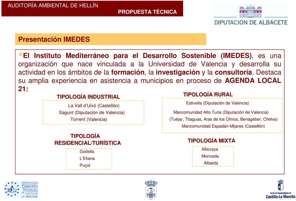 Destaca su amplia experiencia en asistencia a municipios en proceso de AGENDA LOCAL 21: TIPOLOGÍA INDUSTRIAL La Vall d Uixó (Castellón) Sagunt (Diputación de Valencia) Torrent