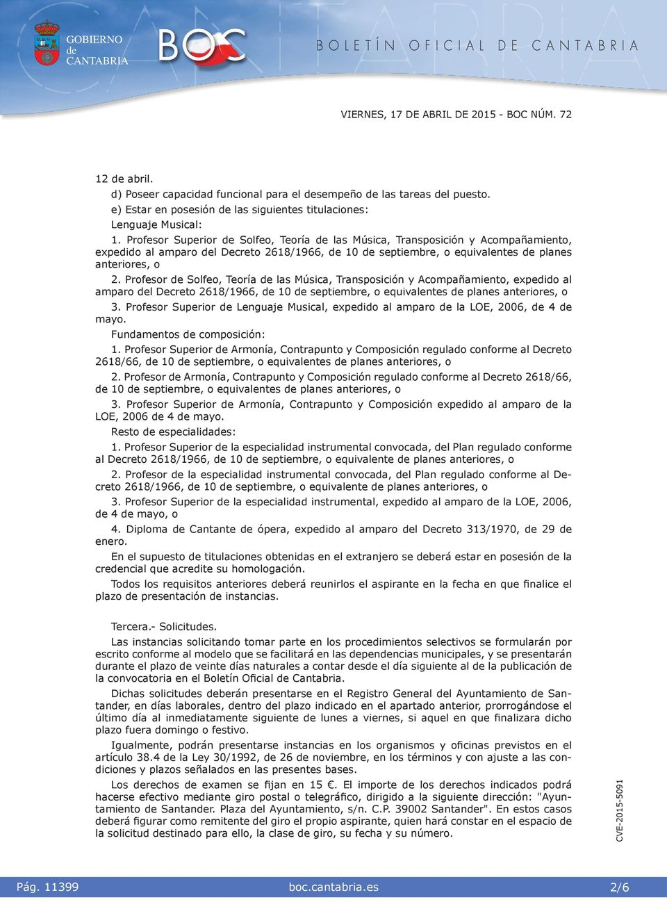 Profesor Solfeo, Teoría las Músca, Transposcón y Acompañamento, expeddo al amparo l Decreto 2618/1966, 10 septembre, o equvalentes planes anterores, o 3.