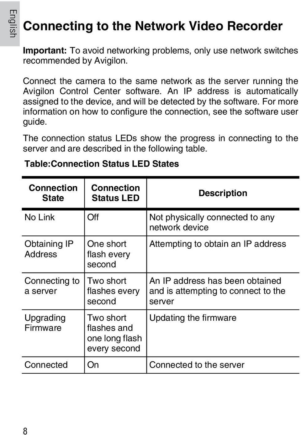 For more information on how to configure the connection, see the software user guide. The connection status LEDs show the progress in connecting to the server and are described in the following table.