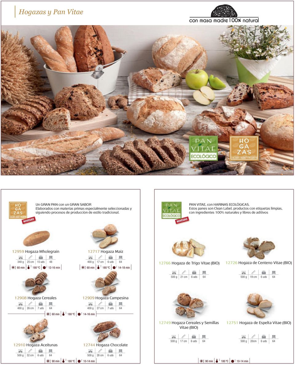 Estos panes son Clean Label, productos con etiquetas limpias, con ingredientes 100% naturales y libres de aditivos 12959 Hogaza Wholegrain 12717 Hogaza Maíz 340 g 25 cm 15 uds 48 60 min 180 ºC 12-16