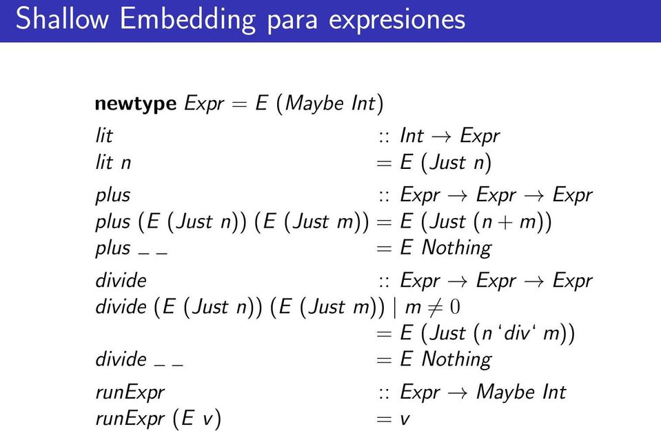 m)) plus = E Nothing divide :: Expr Expr Expr divide (E (Just n)) (E (Just m)) m 0
