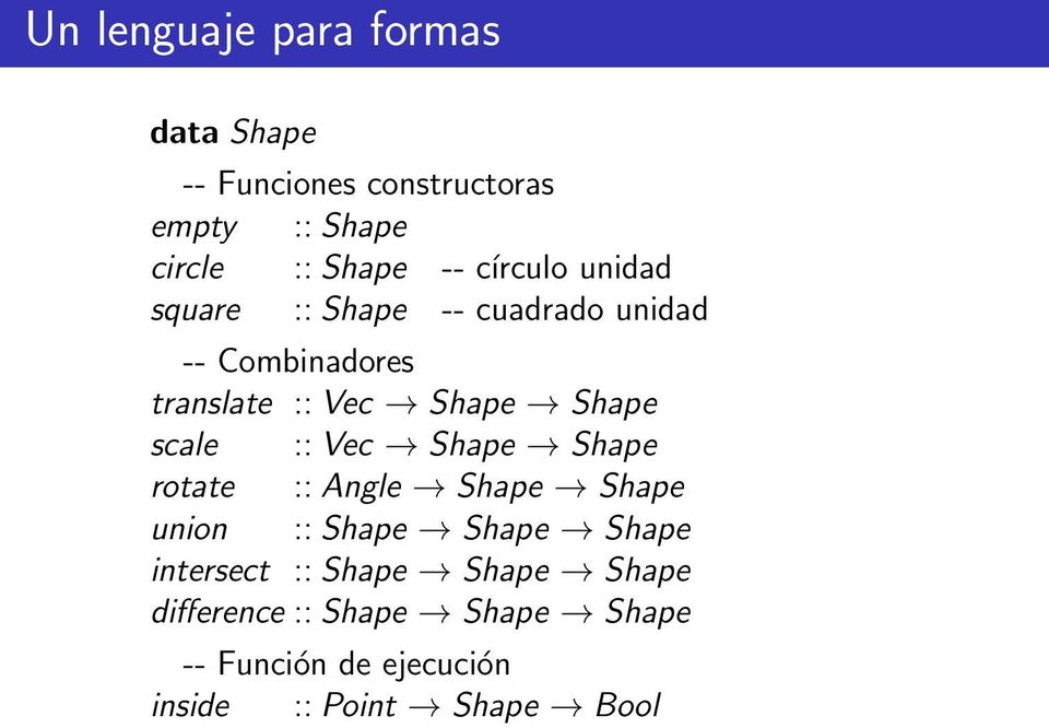 scale :: Vec Shape Shape rotate :: Angle Shape Shape union :: Shape Shape Shape intersect ::
