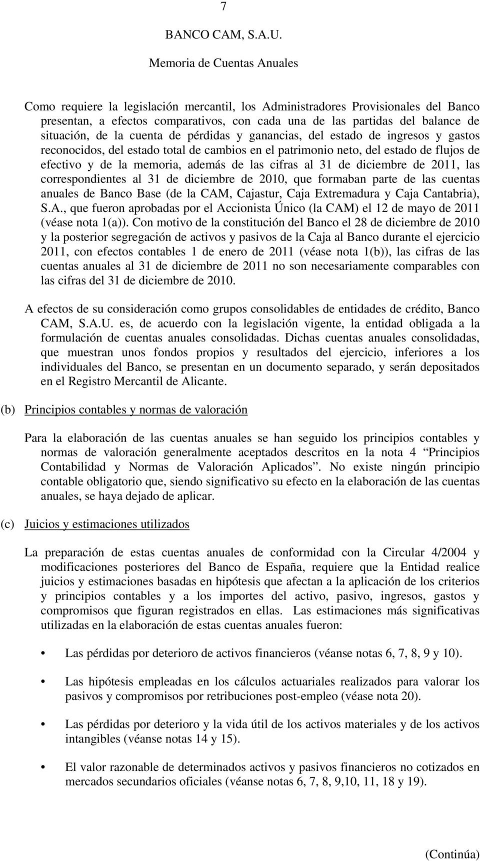 además de las cifras al 31 de diciembre de 2011, las correspondientes al 31 de diciembre de 2010, que formaban parte de las cuentas anuales de Banco Base (de la CAM, Cajastur, Caja Extremadura y Caja