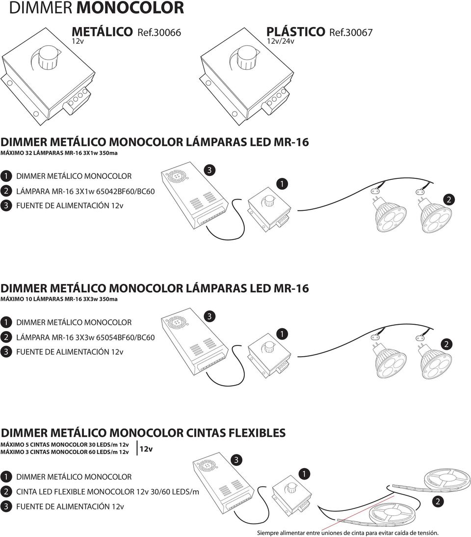 DE ALIMENTACIÓN v DIMMER METÁLICO MONOCOLOR LÁMPARAS LED MR-6 MÁXIMO 0 LÁMPARAS MR-6 Xw 50ma DIMMER METÁLICO MONOCOLOR LÁMPARA MR-6 Xw