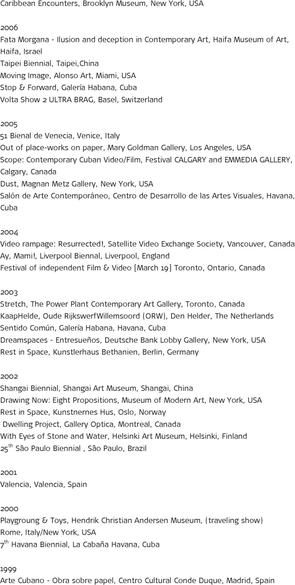 Angeles, USA Scope: Contemporary Cuban Video/Film, Festival CALGARY and EMMEDIA GALLERY, Calgary, Canada Dust, Magnan Metz Gallery, New York, USA Salón de Arte Contemporáneo, Centro de Desarrollo de