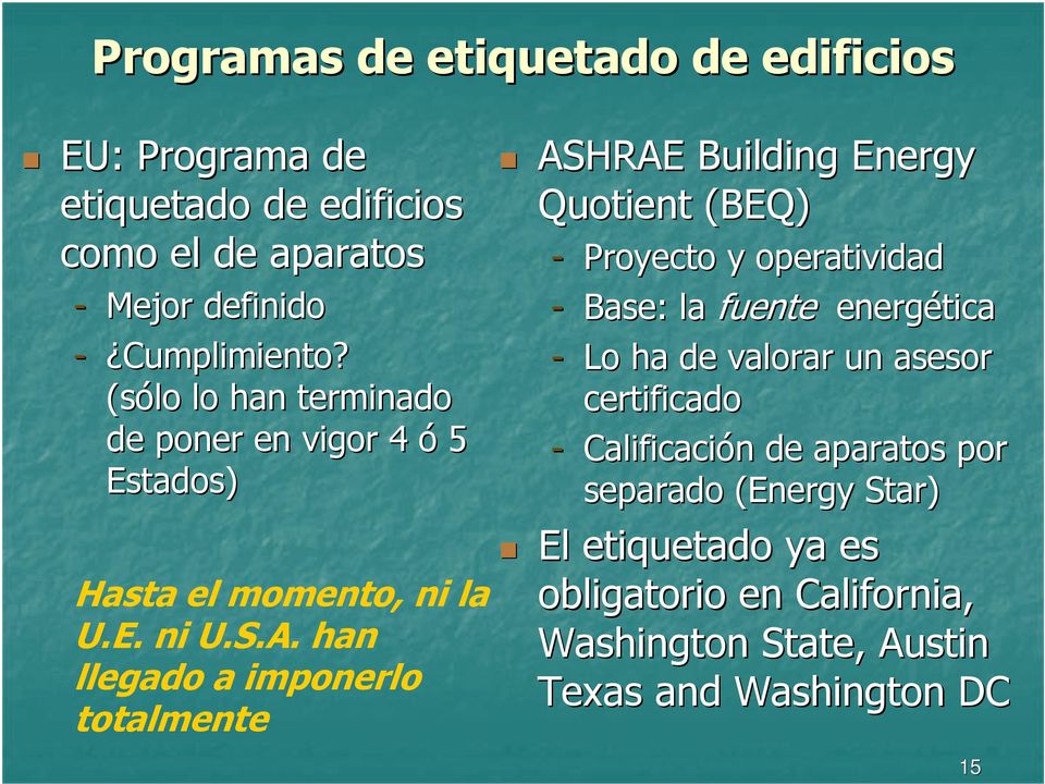han llegado a imponerlo totalmente ASHRAE Building Energy Quotient (BEQ) - Proyecto y operatividad - Base: la fuente energética - Lo ha