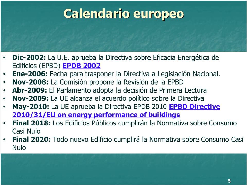 Nov-2008: La Comisión propone la Revisión de la EPBD Abr-2009: El Parlamento adopta la decisión de Primera Lectura Nov-2009: La UE alcanza el acuerdo
