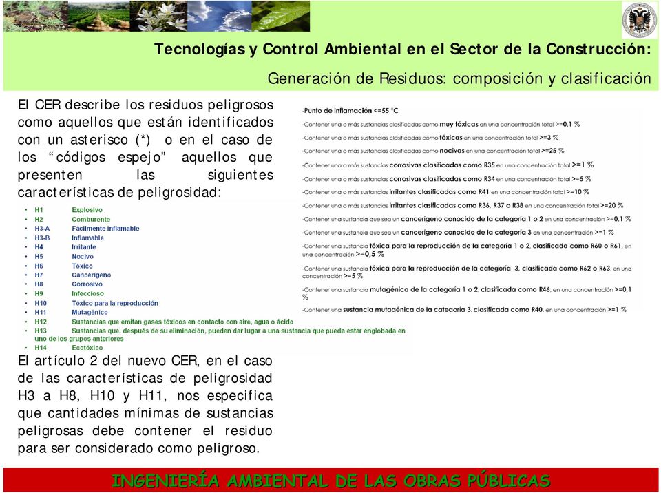 Generación de Residuos: composición y clasificación El artículo 2 del nuevo CER, en el caso de las características de peligrosidad H3 a