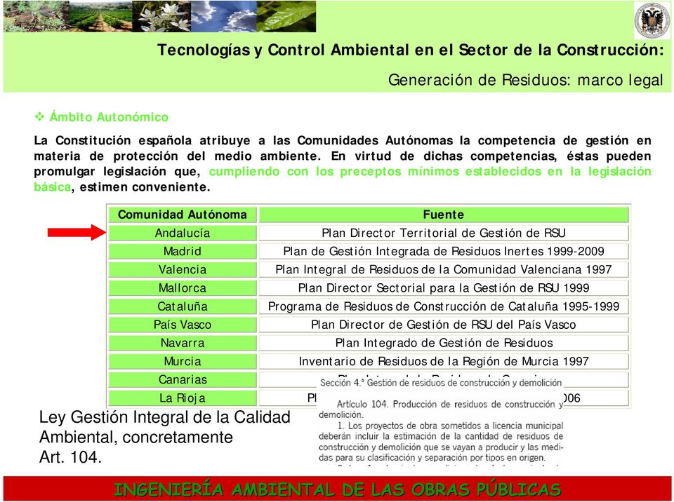 Comunidad Autónoma Andalucía Fuente Plan Director Territorial de Gestión de RSU Madrid Plan de Gestión Integrada de Residuos Inertes 1999-2009 Valencia Plan Integral de Residuos de la Comunidad