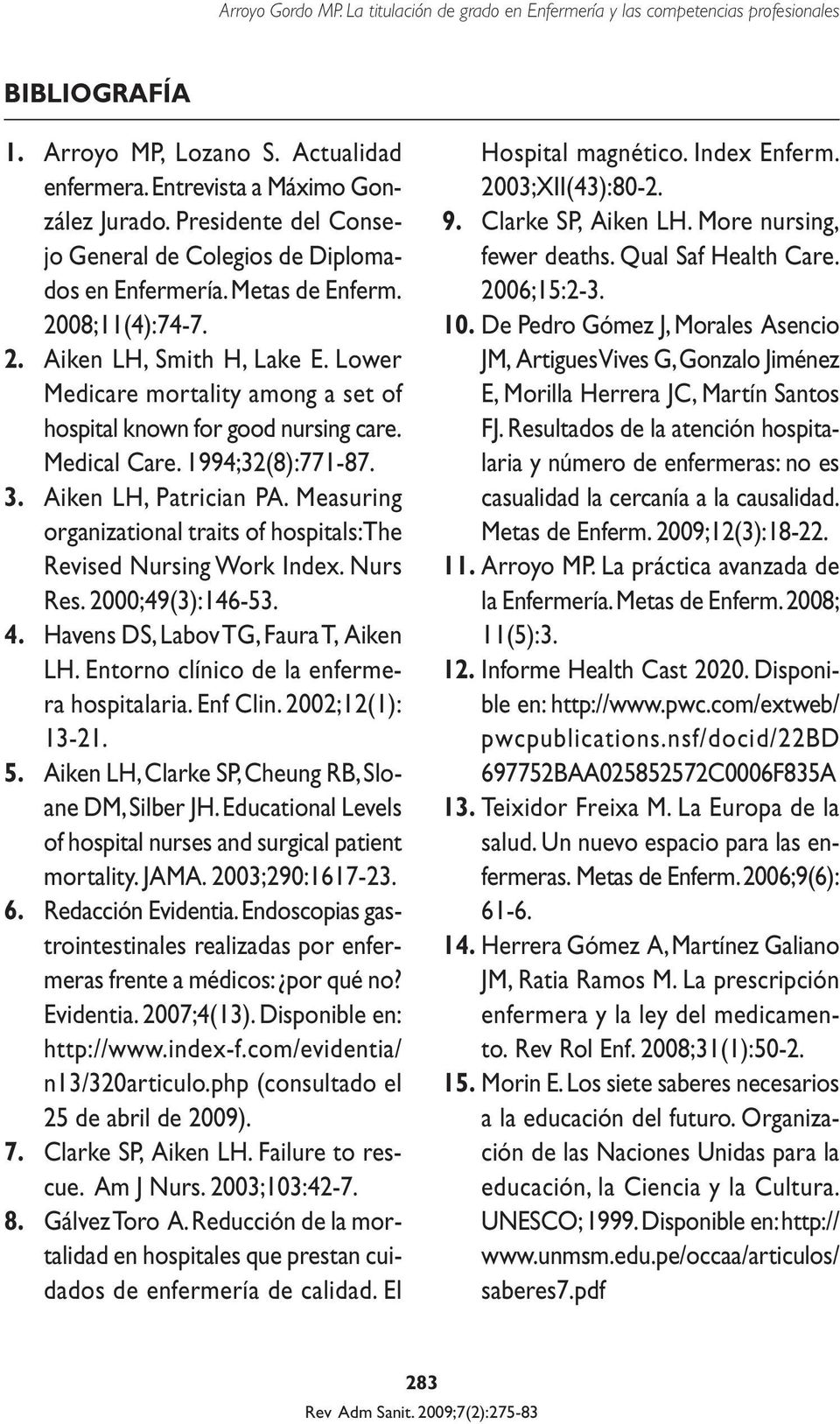Measuring organizational traits of hospitals: The Revised Nursing Work Index. Nurs Res. 2000;49(3):146-53. 4. Havens DS, Labov TG, Faura T, Aiken LH. Entorno clínico de la enfermera hospitalaria.