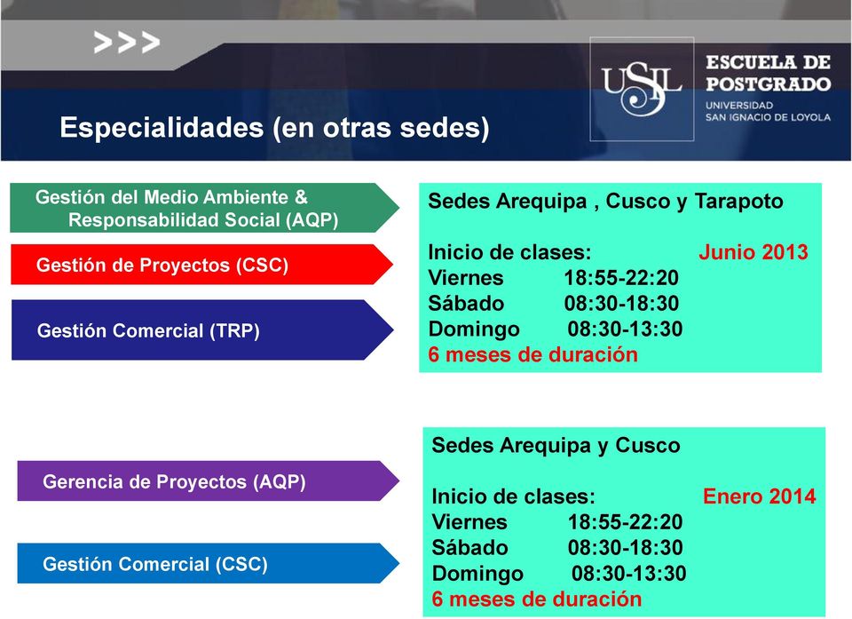 Sábado 08:30-18:30 Domingo 08:30-13:30 6 meses de duración Sedes Arequipa y Cusco Gerencia de Proyectos (AQP)
