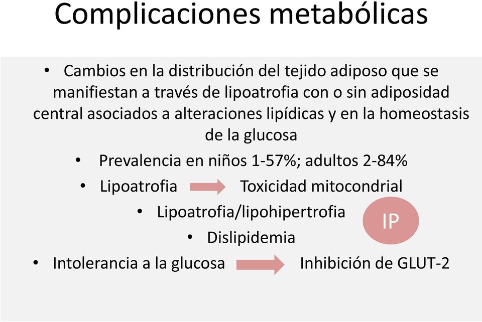 homeostasis de la glucosa Prevalencia en niños 1-57%; adultos 2-84% Lipoatrofia Toxicidad