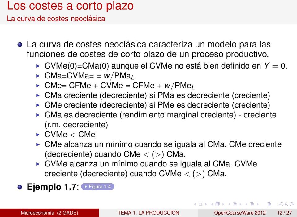 CMa=CVMa= = w/pma L CMe= CFMe + CVMe = CFMe + w/pmel CMa creciente (decreciente) si PMa es decreciente (creciente) CMe creciente (decreciente) si PMe es decreciente (creciente) CMa es decreciente