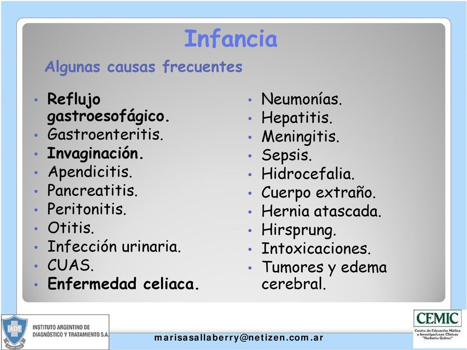 CUAS. Enfermedad celiaca. Neumonías. Hepatitis. Meningitis. Sepsis. Hidrocefalia.