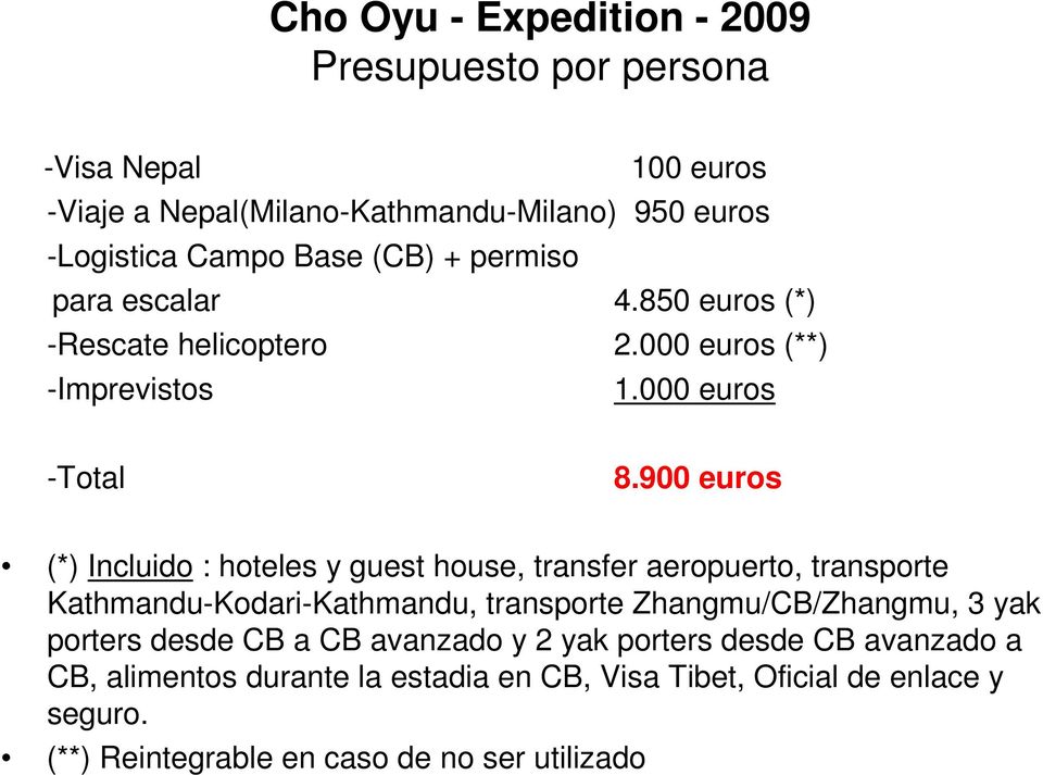 900 euros (*) Incluido : hoteles y guest house, transfer aeropuerto, transporte Kathmandu-Kodari-Kathmandu, transporte Zhangmu/CB/Zhangmu, 3 yak