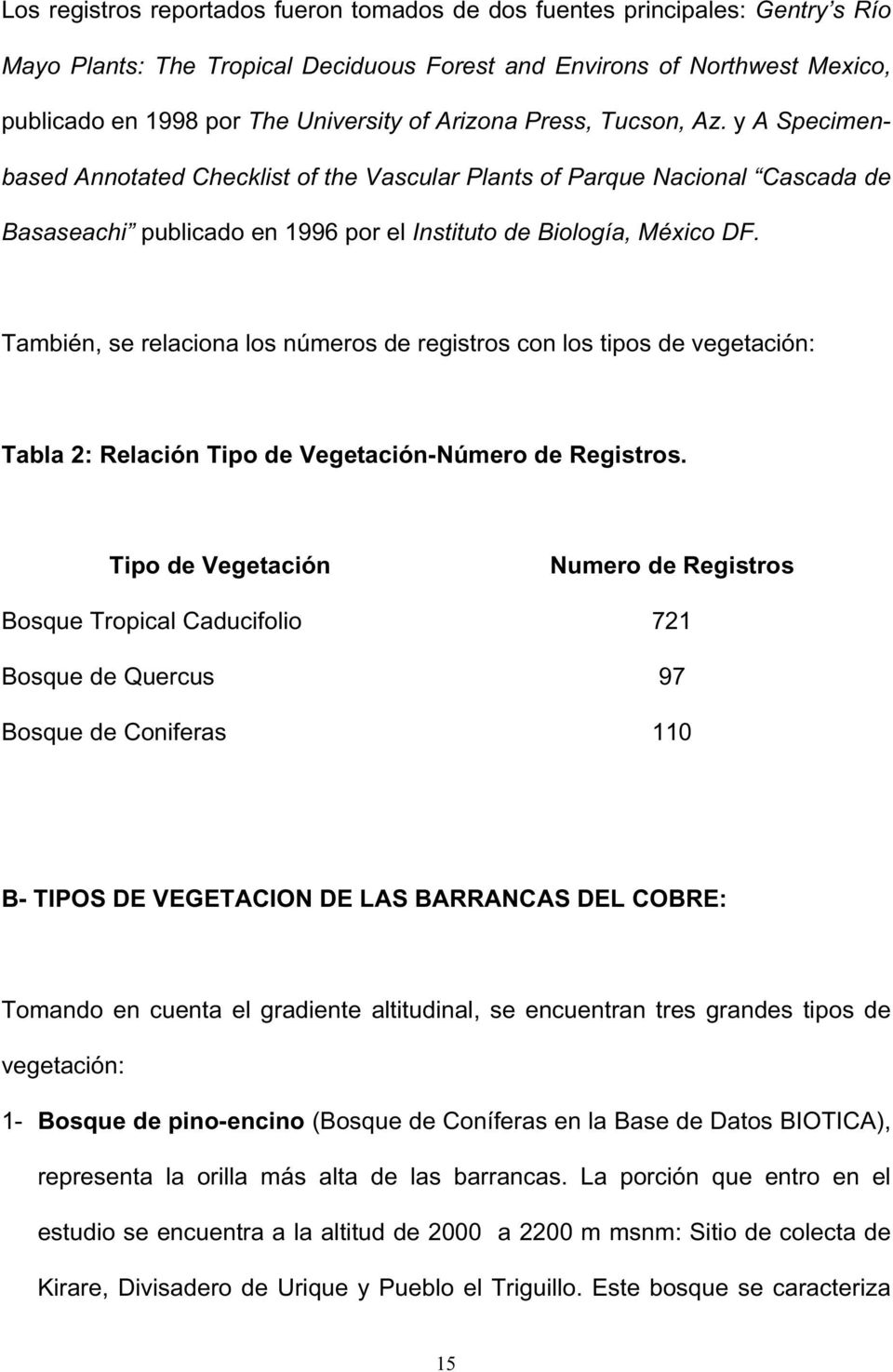 También, se relaciona los números de registros con los tipos de vegetación: Tabla 2: Relación Tipo de Vegetación-Número de Registros.