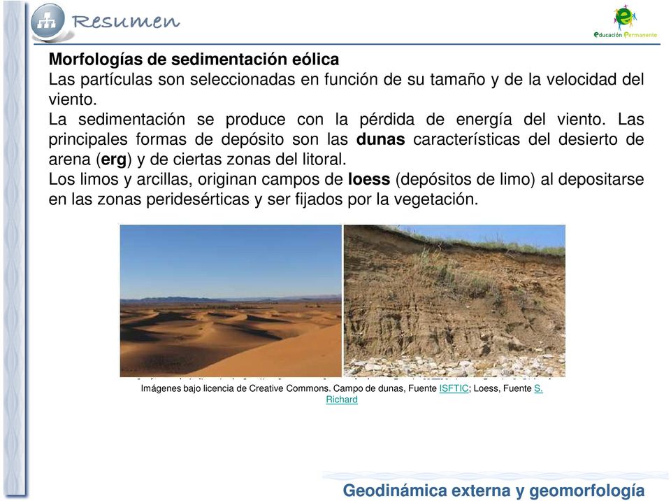 Las principales formas de depósito son las dunas características del desierto de arena (erg) y de ciertas zonas del litoral.