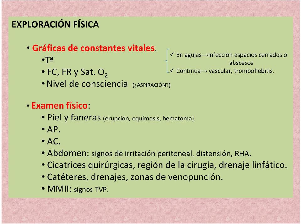 Examen físico: Piel y faneras (erupción, equímosis, hematoma). AP. AC.