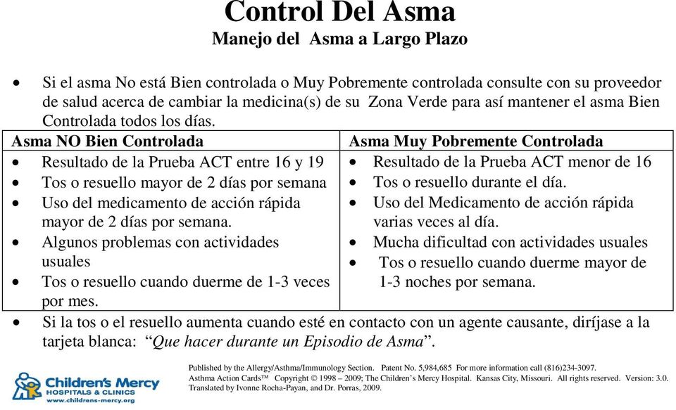 Asma NO Bien Controlada Asma Muy Pobremente Controlada Resultado de la Prueba ACT entre 16 y 19 Tos o resuello mayor de 2 días por semana Uso del medicamento de acción rápida mayor de 2 días por