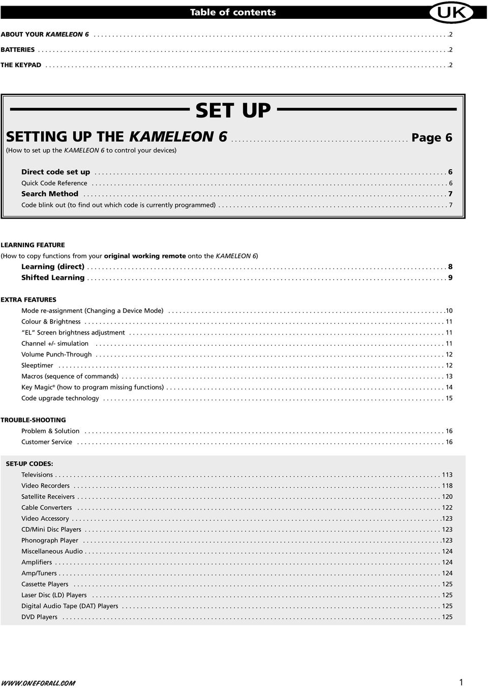 ............................................... Page 6 (How to set up the KAMELEON 6 to control your devices) Direct code set up............................................................................................... 6 Quick Code Reference.