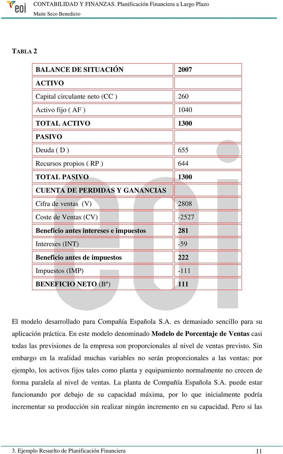 NETO (Bº) 111 El modelo desarrollado para Compañía Española S.A. es demasiado sencillo para su aplicación práctica.