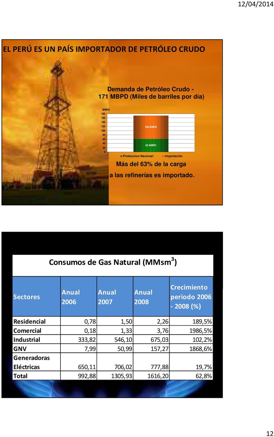 Consumos de Gas Natural (MMsm 3 ) Sectores Anual 2006 Anual 2007 Anual 2008 Crecimiento periodo 2006-2008 (%) Residencial 0,78 1,50 2,26 189,5%