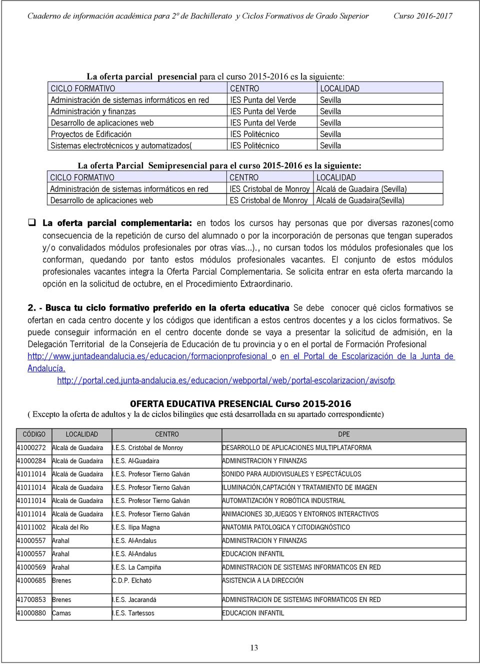 Politécnico Sevilla La oferta Parcial Semipresencial para el curso 2015-2016 es la siguiente: CICLO FORMATIVO CENTRO LOCALIDAD Administración de sistemas informáticos en red IES Cristobal de Monroy