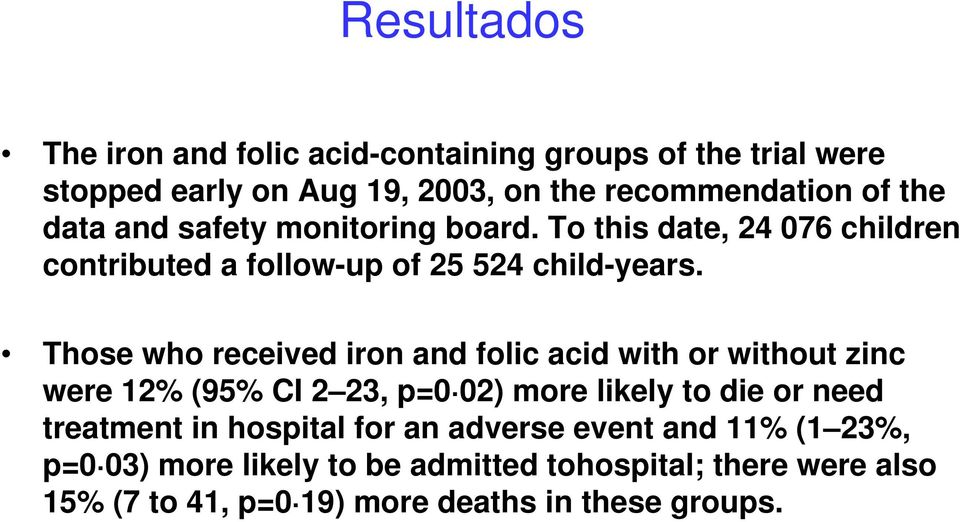 Those who received iron and folic acid with or without zinc were 12% (95% CI 2 23, p=0 02) more likely to die or need treatment in
