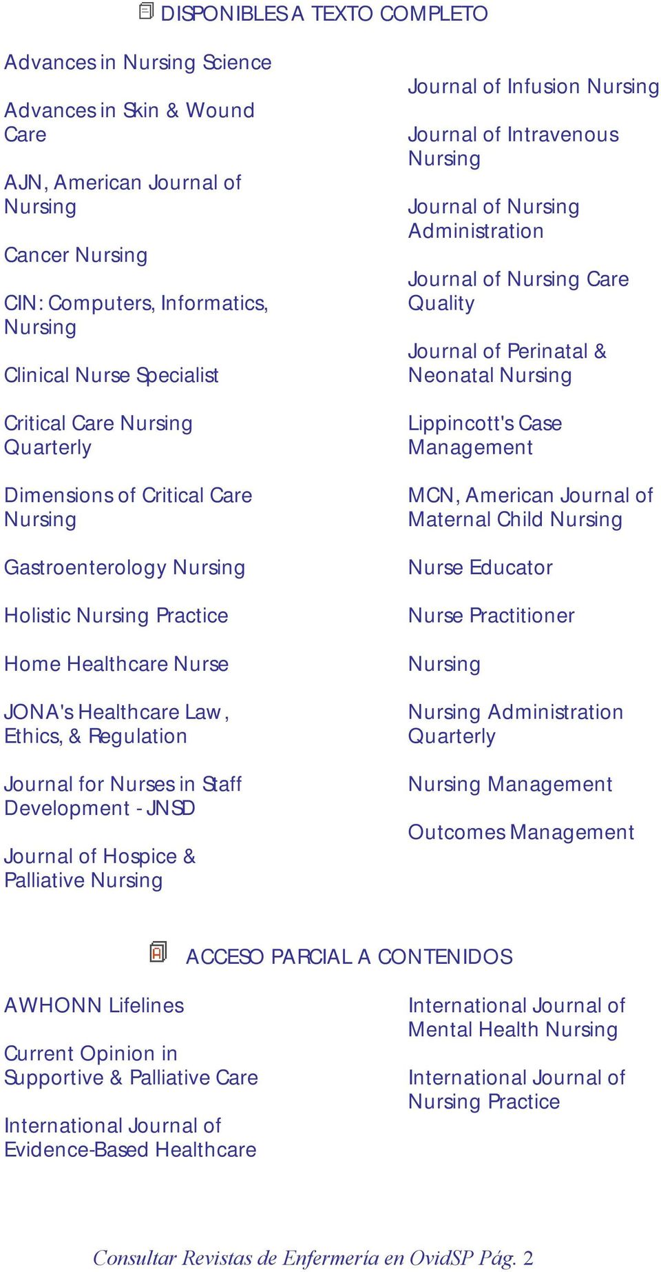 Nurses in Staff Development - JNSD Journal of Hospice & Palliative Nursing Journal of Infusion Nursing Journal of Intravenous Nursing Journal of Nursing Administration Journal of Nursing Care Quality