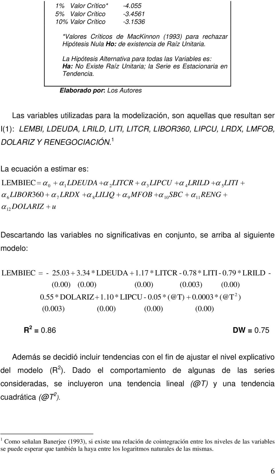 Elaborado por: Los Autores Las variables utilizadas para la modelización, son aquellas que resultan ser I(1): LEMBI, LDEUDA, LRILD, LITI, LITCR, LIBOR360, LIPCU, LRDX, LMFOB, DOLARIZ Y RENEGOCIACIÓN.