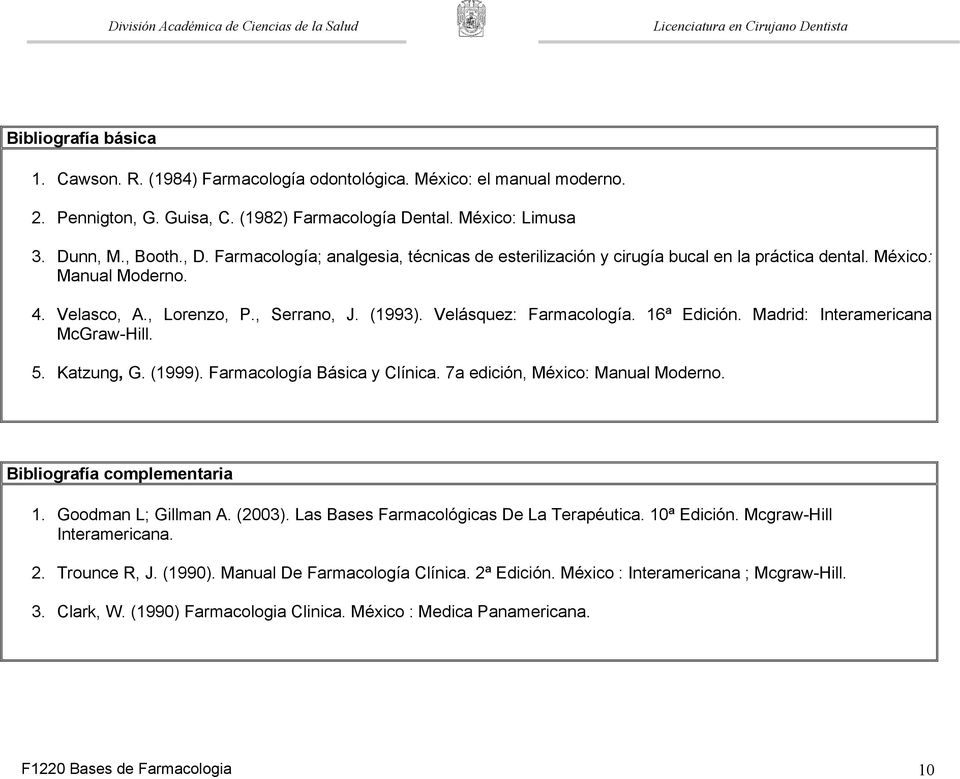 16ª Edición. Madrid: Interamericana McGraw-Hill. 5. Katzung, G. (1999). Farmacología Básica y Clínica. 7a edición, México: Manual Moderno. Bibliografía complementaria 1. Goodman L; Gillman A. (2003).