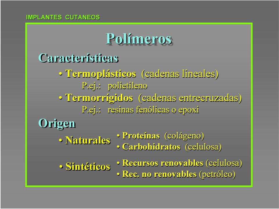 fenólicas o epoxi Naturales Sintéticos ticos Polímeros Proteínas (colágeno)