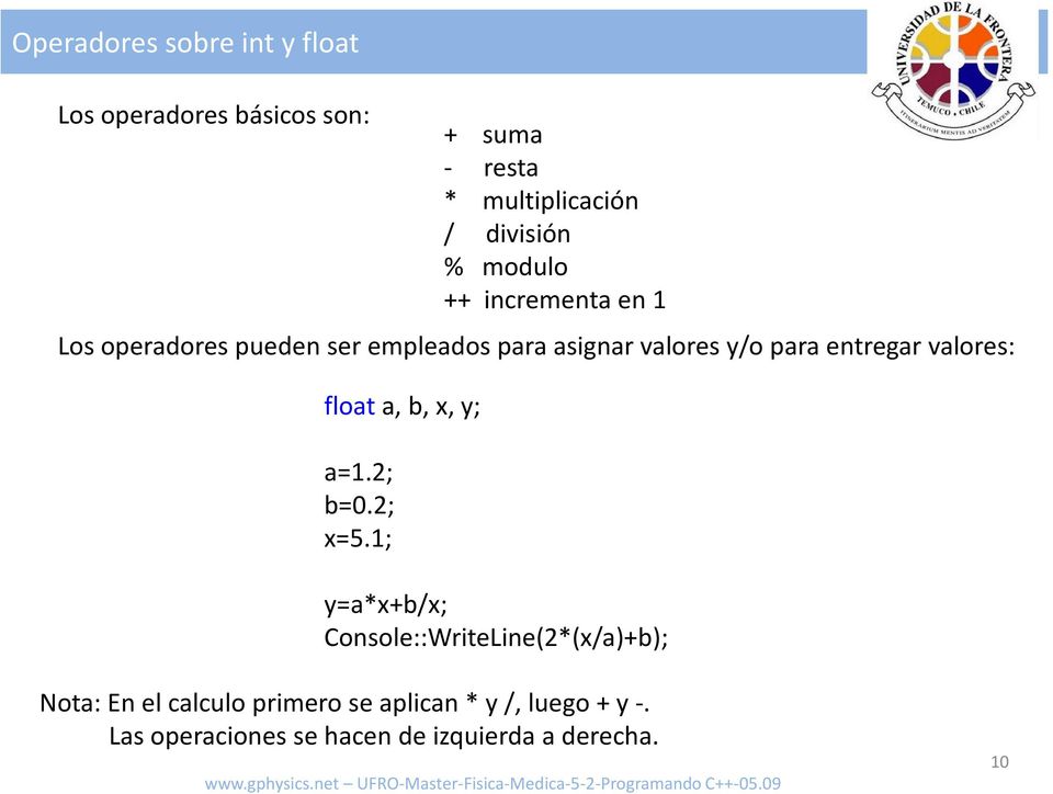entregar valores: floata, b, x, y; a=1.2; b=0.2; x=5.