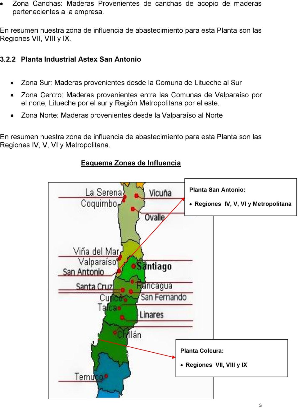 2 Planta Industrial Astex San Antonio Zona Sur: Maderas provenientes desde la Comuna de Litueche al Sur Zona Centro: Maderas provenientes entre las Comunas de Valparaíso por el norte,