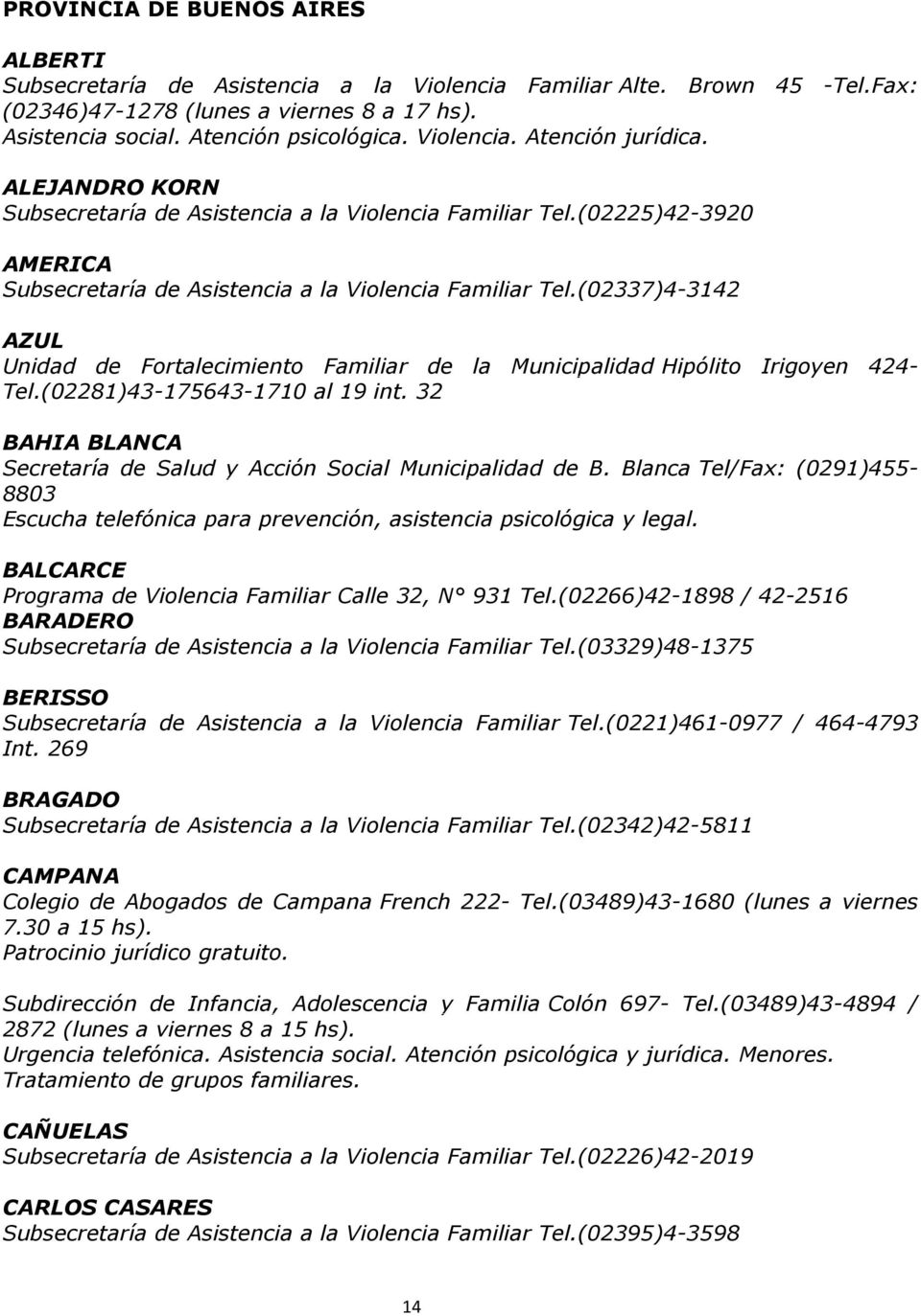 (02337)4-3142 AZUL Unidad de Fortalecimiento Familiar de la Municipalidad Hipólito Irigoyen 424- Tel.(02281)43-175643-1710 al 19 int.