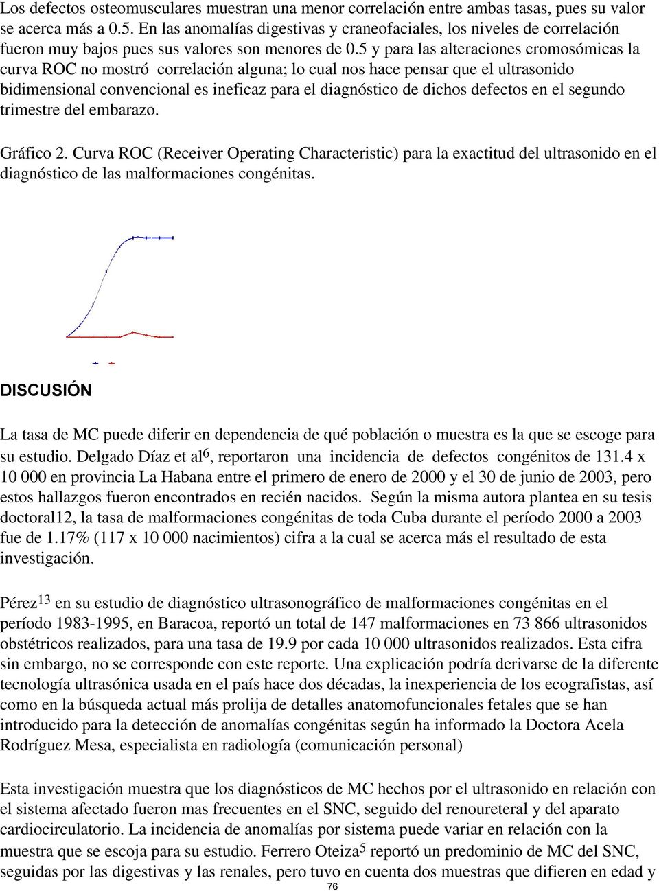 5 y para las alteraciones cromosómicas la curva ROC no mostró correlación alguna; lo cual nos hace pensar que el ultrasonido bidimensional convencional es ineficaz para el diagnóstico de dichos