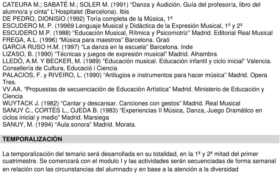 Editorial Real Musical FREGA, A.L. (1996) Música para maestros Barcelona. Graó GARCíA RUSO H.M. (1997) La danza en la escuela Barcelona. Inde LIZASO, B.