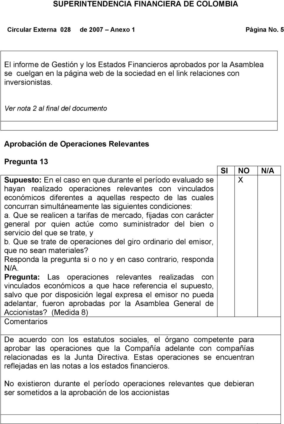 Ver nota 2 al final del documento Aprobación de Operaciones Relevantes Pregunta 13 Supuesto: En el caso en que durante el período evaluado se hayan realizado operaciones relevantes con vinculados