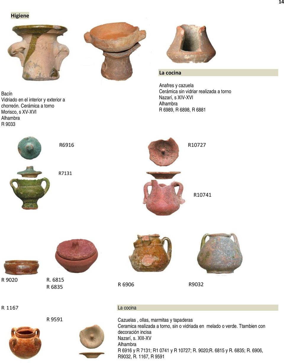 XIV-XVI R 6989, R 6898, R 6881 Cazuelas, ollas, marmitas y tapaderas Ceramica realizada a torno, sin o