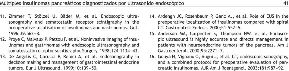 Noninvasive imaging of insulinomas and gastrinomas with endoscopic ultrasonography and somatostatin receptor scintigraphy. Surgery. 1998;124:1134-43. 13. De Angelis C, Carucci P, Repici A, et al.