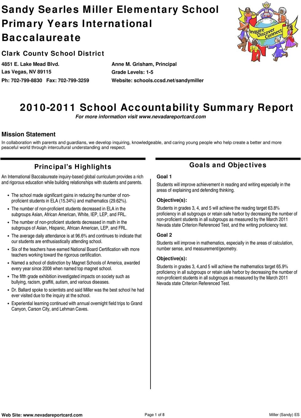 net/sandymiller 2010-2011 School Accountability Summary Report For more information visit www.nevadareportcard.