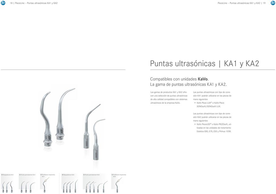 Las puntas ultrasónicas con tipo de conexión KA1 podrán utilizarse en las piezas de mano siguientes KaVo Piezo LUX o KaVo Piezo SONOsoft/SONOsoft LUX.
