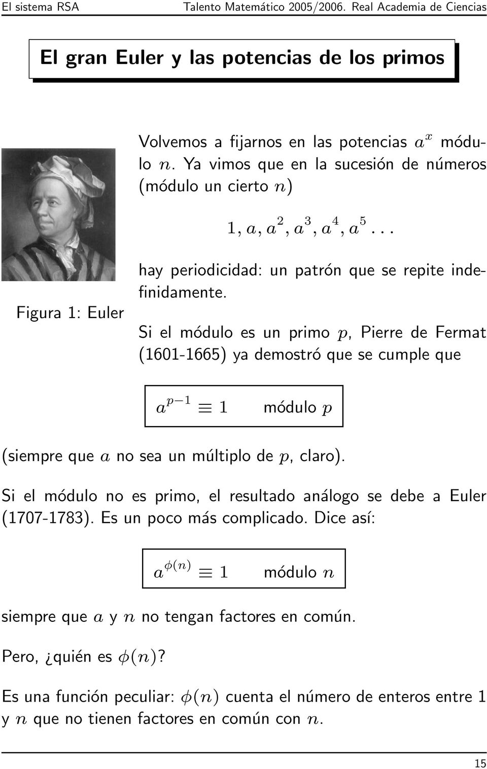 Si el módulo es un primo p, Pierre de Fermat (1601-1665) ya demostró que se cumple que a p 1 1 módulo p (siempre que a no sea un múltiplo de p, claro).