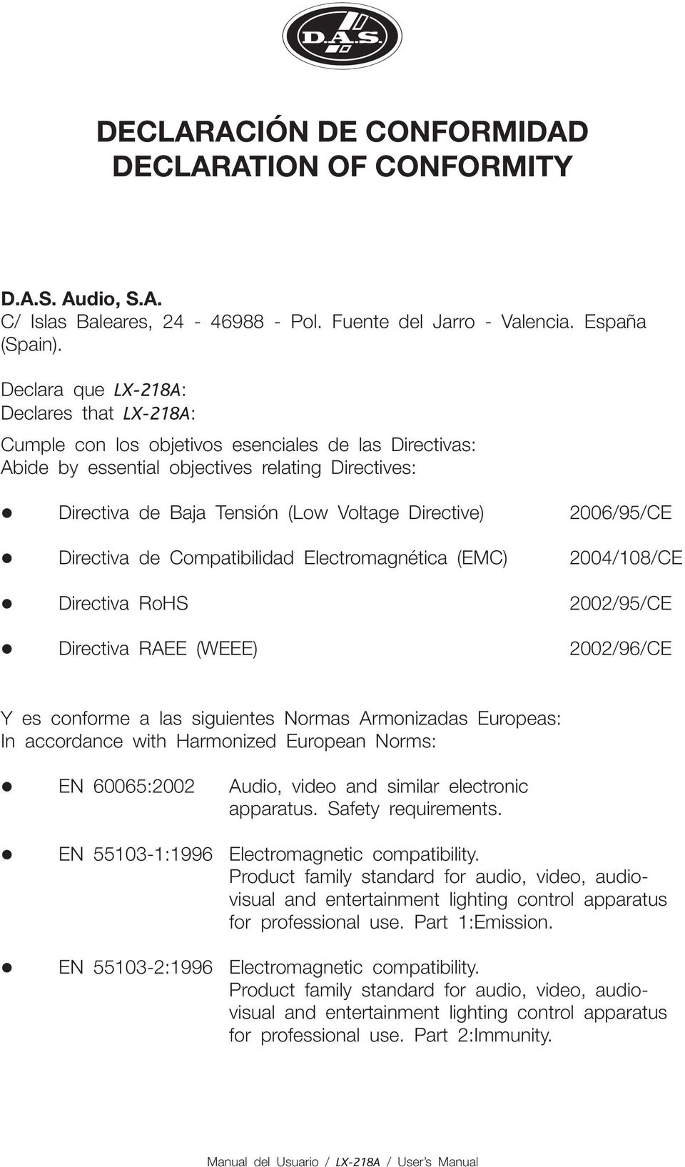 Directiva de Compatibilidad Electromagnética (EMC) Directiva RoHS Directiva RAEE (WEEE) 2006/95/CE 2004/108/CE 2002/95/CE 2002/96/CE Y es conforme a las siguientes Normas Armonizadas Europeas: In