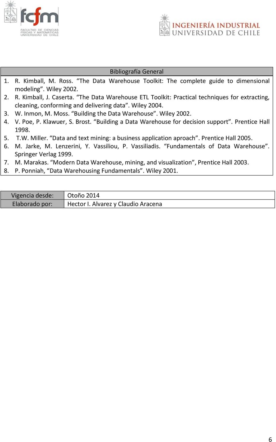 Klawuer, S. Brost. Building a Data Warehouse for decision support. Prentice Hall 1998. 5. T.W. Miller. Data and text mining: a business application aproach. Prentice Hall 2005. 6. M. Jarke, M.
