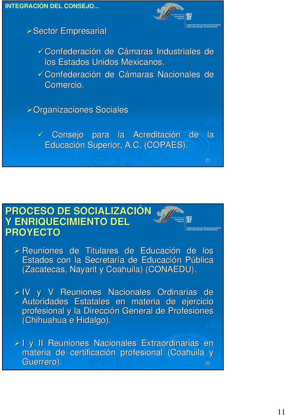 21 PROCESO DE SOCIALIZACIÓN Y ENRIQUECIMIENTO DEL PROYECTO Reuniones de Titulares de Educación de los Estados con la Secretaría de Educación Pública (Zacatecas, Nayarit y Coahuila)