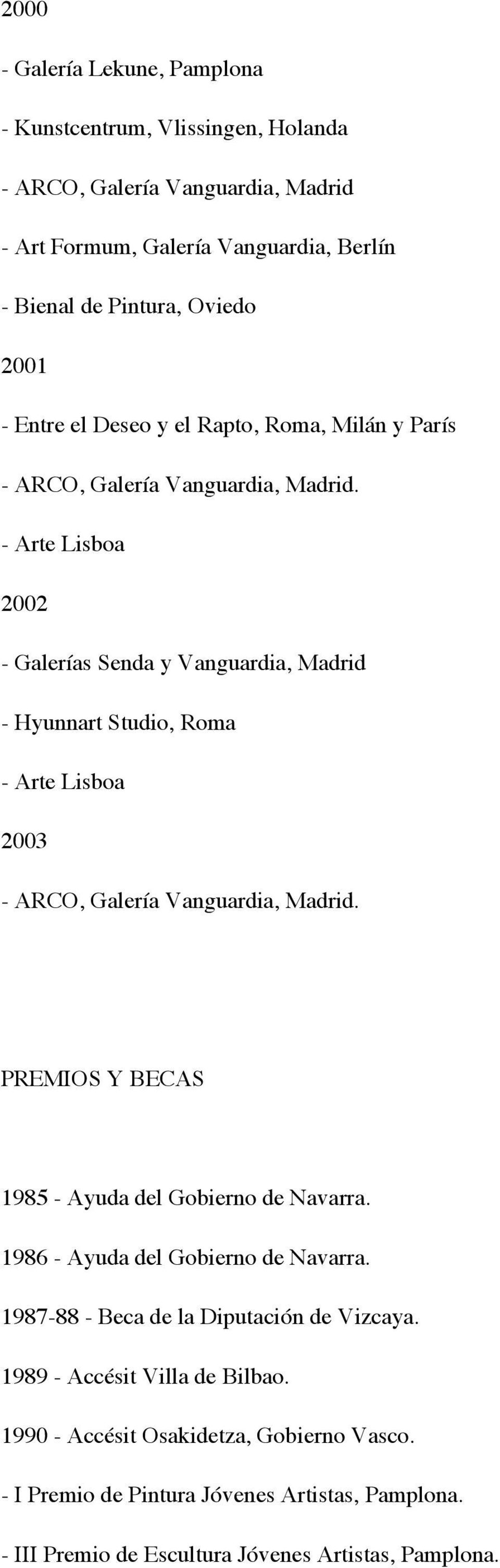 - Arte Lisboa 2002 - Galerías Senda y Vanguardia, Madrid - Hyunnart Studio, Roma - Arte Lisboa 2003 - ARCO, Galería Vanguardia, Madrid.