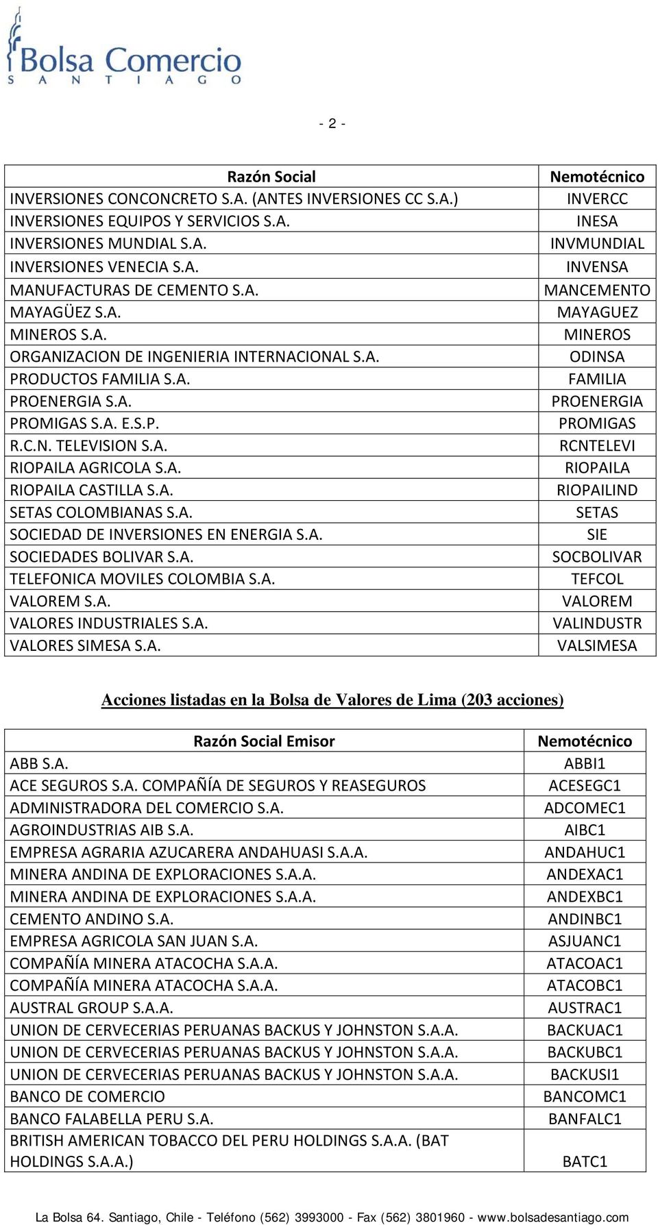A. SOCIEDAD DE INVERSIONES EN ENERGIA S.A. SOCIEDADES BOLIVAR S.A. TELEFONICA MOVILES COLOMBIA S.A. VALOREM S.A. VALORES INDUSTRIALES S.A. VALORES SIMESA S.A. INVERCC INESA INVMUNDIAL INVENSA