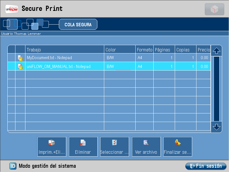 Cómo liberar un trabajo de impresión segura 1 2 Seleccione el botón Secure Print (uniflow) de la página de inicio de la pantalla táctil. Seleccione los trabajos que desee imprimir.